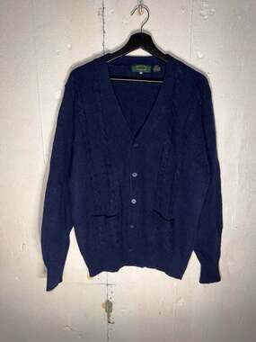 Vintage Maine Bay Traditionals Navy Blue Cable Knit Cardigan Sweater Size Large